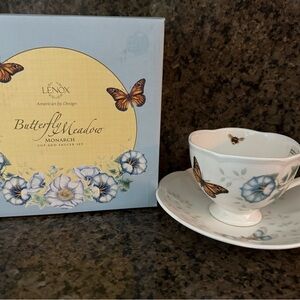 Lenox Butterfly Meadow Monarch Cup and Saucer Set - Blue and White